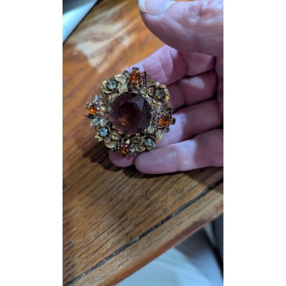 Vintage Brooch Smoky Glass Center & Rhinestones Floral Design 2" Austria - Picture 8 of 8